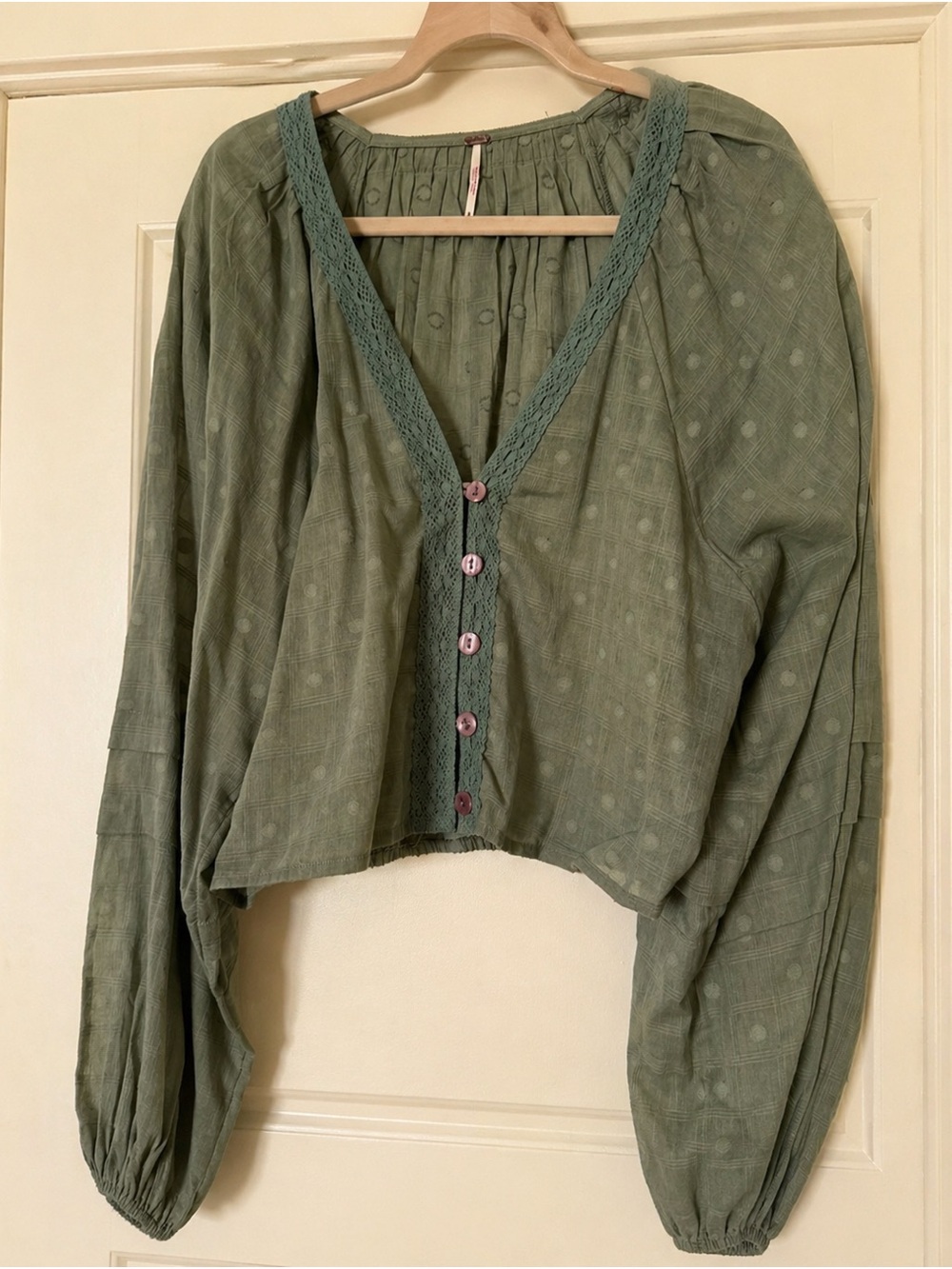 Free People Olive Green V-Neck Button Front Blouse